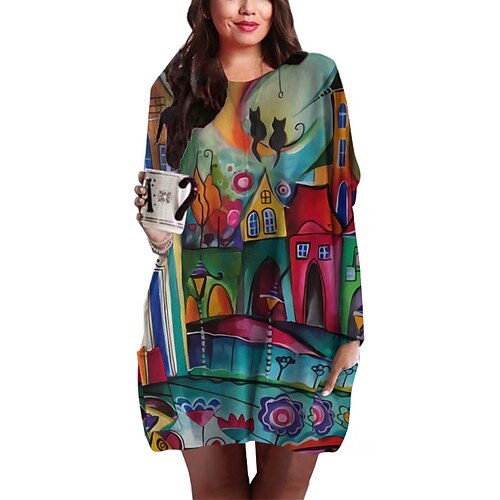 

Women's Plus Size Holiday Dress Graphic Crew Neck Print Long Sleeve Fall Spring Basic Short Mini Dress Causal Daily Dress / Regular Fit