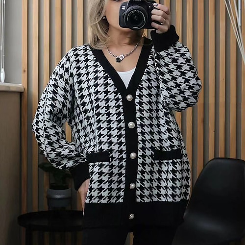 

Dame Cardigan Sweater Jumper Strikke Tunika Knap Lomme Ternet Åben Front Stilfuld Elegant Fest Daglig Vinter Efterår Hvid / Sort En Størrelse / Langærmet / Houndstooth Mønster / Ruder / Ferie