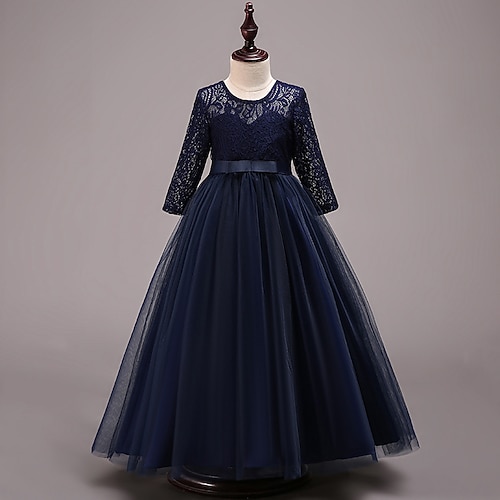 

Kids Little Girls' Dress Solid Colored Wedding Lace Mesh Patchwork Navy Blue Maxi Long Sleeve Princess Dresses Fall Regular Fit 4-12 Years