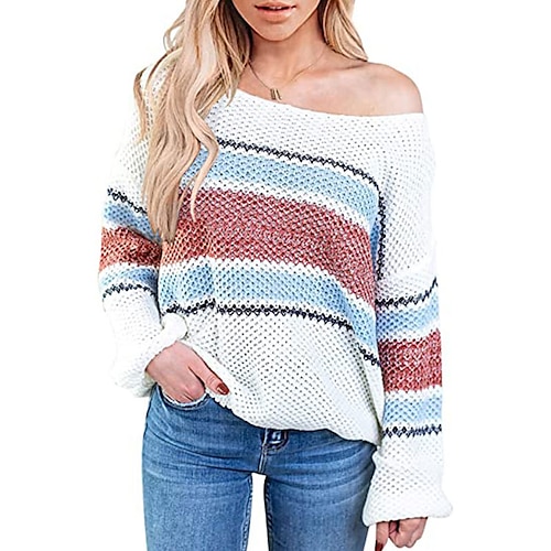 

Women's Pullover Sweater Jumper Ribbed Knit Knitted Patchwork Color Block Crew Neck Stylish Casual Daily Holiday Fall Winter White Gray S M L / Long Sleeve