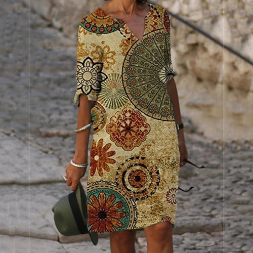 

Women's Shift Dress Midi Dress Green Blue Yellow Half Sleeve Floral Print Fall Spring Autumn V Neck Loose Fit 2022 S M L XL XXL 3XL 4XL 5XL