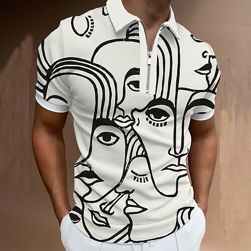 

Men's Collar Polo Shirt Golf Shirt Abstract Portrait Collar White Outdoor Street Short Sleeve Zipper Clothing Apparel Fashion Casual Breathable Comfortable