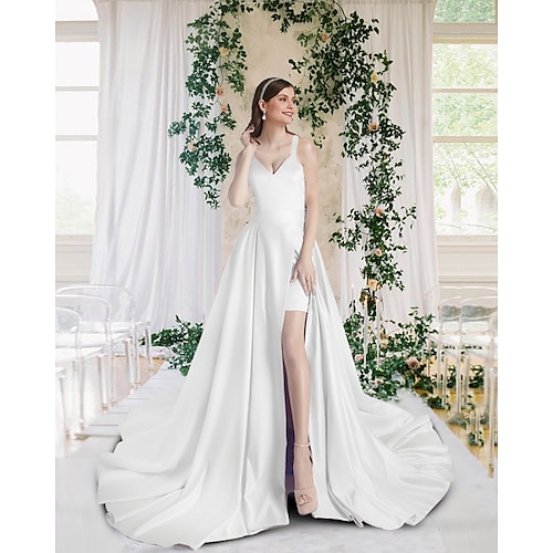 

Sheath / Column Wedding Dresses V Neck Chapel Train Short / Mini Satin Sleeveless Simple with Split Front 2022