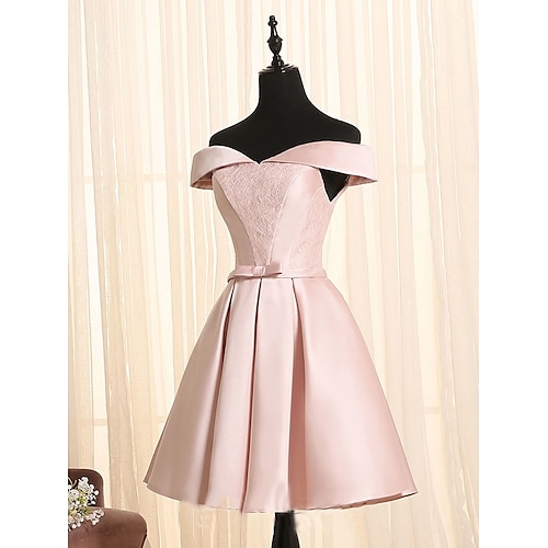 

A-Line Minimalist Elegant Engagement Cocktail Party Dress Off Shoulder Sleeveless Short / Mini Satin with Bow(s) Lace Insert 2022