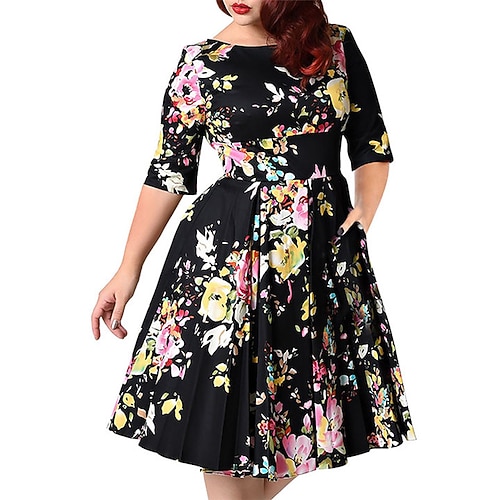 

Women's Holiday Dress Flower Crew Neck Half Sleeve Fall Spring Elegant Knee Length Dress Office Date Dress