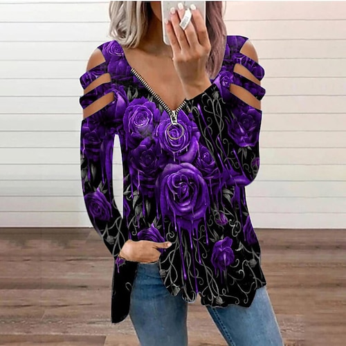 

Chemise Chemisier Femme Rouge Bleu Violet Graphic Floral Découpé Quarter Zip manche longue Sortie Fin de semaine Vêtement de rue Décontractées Col V Normal Standard Fleur S