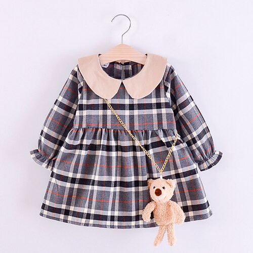 

Kids Little Girls' Dress Plaid A Line Dress School Holiday Brown Black Long Sleeve Cute Beautiful Dresses Fall Winter 2-6 Years
