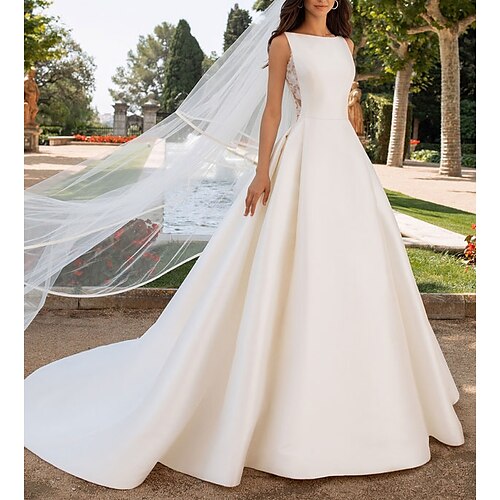 

A-Line Wedding Dresses Bateau Neck Court Train Satin Regular Straps Romantic Plus Size Elegant with Bow(s) Buttons Lace Insert 2022