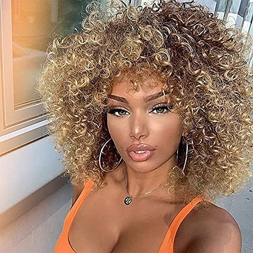 

Honey Blonde Curly Wig with Bangs for Black Women Bouncy Kinky Curly Wig Natural Short Wig (14inch, Honey Blonde)