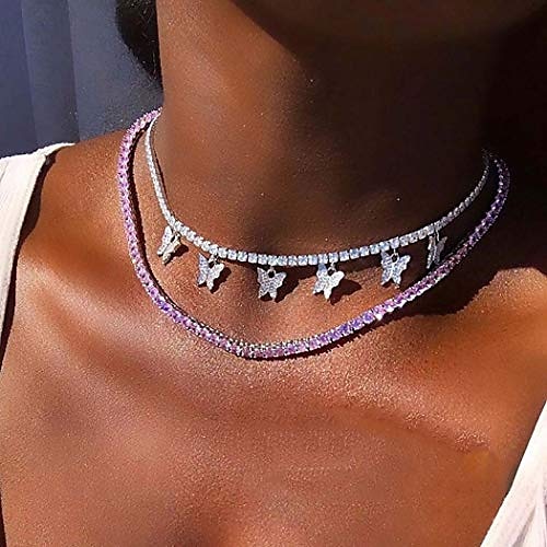 

silver butterfly layered tennis chain glittering choker with pink rhinestone pendant gorgeous design cute chain collarbone necklace jewelry for party dating vacation for women and girls