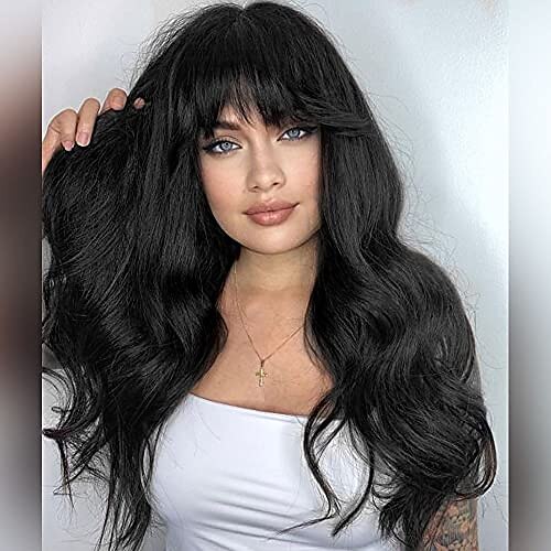 

Aisi Queens Long Wavy Wig with Bangs Black Wavy Wigs for Women Synthetic Natural Looking Heat Resistant Fiber Wig for Daily Party Use