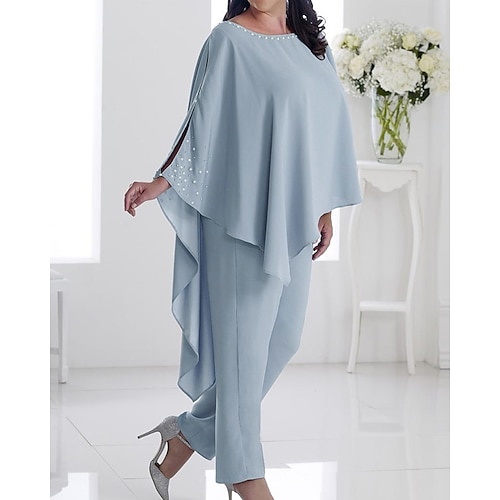 

Pantsuit Mother of the Bride Dress Elegant Jewel Neck Floor Length Chiffon Long Sleeve with Beading 2022