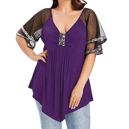 

Women's Plus Size Tops T shirt Tee Solid Color Ruffle Lace Short Sleeve Deep V Active Casual Sexy Daily Vacation Cotton Blend Spring Summer Black Blue