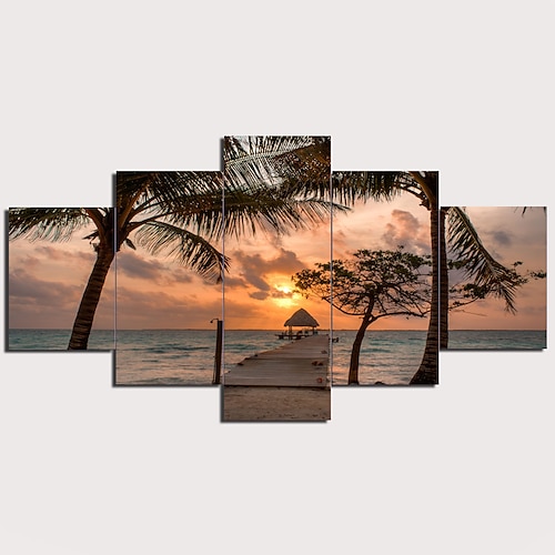 

5 Panels Wall Art Canvas Prints Painting Artwork Picture Beach Sunset Tropical Palm Seascape Home Decoration Décor Rolled Canvas No Frame Unframed Unstretched