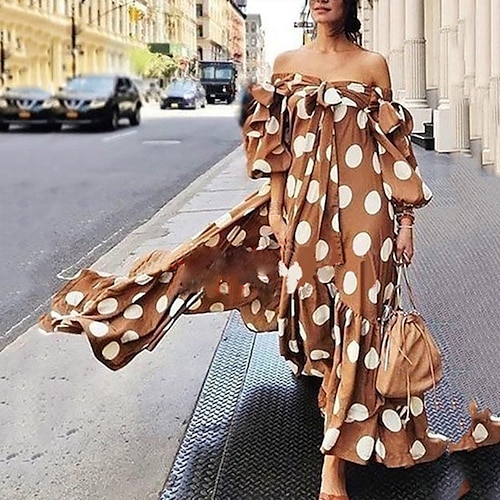 

fritidskjole for kvinner svingkjole lang kjole maxi-kjole svart rødbrun ermeløst prikkete trykk høst høst off shoulder løs passform 2023 s m l xl xxl xxxl 4xl 5xl