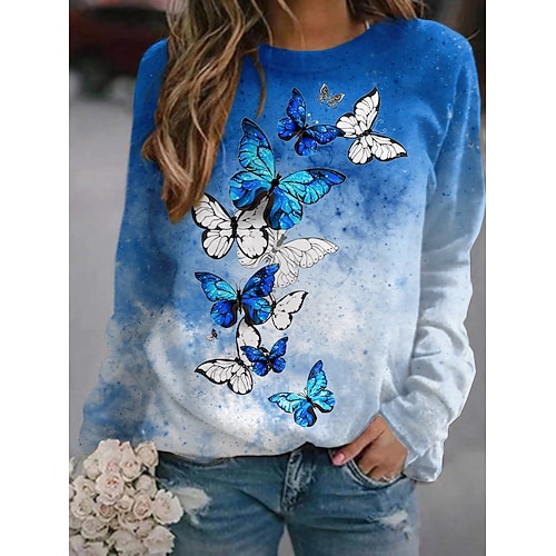 

Women's Sweatshirt Pullover Active Streetwear Print Blue Purple Animal Butterfly Daily Round Neck Long Sleeve S M L XL XXL / 3D Print