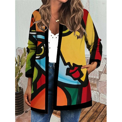 

Women's Jacket Casual Jacket Daily Holiday Valentine's Day Fall Regular Coat Round Neck Regular Fit Breathable Casual Jacket Long Sleeve Color Block Portrait Print Blue Red