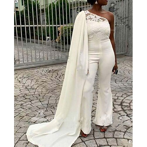 

Jumpsuits Wedding Dresses One Shoulder Sweep / Brush Train Lace Stretch Fabric Sleeveless Romantic Modern with Lace Appliques 2022