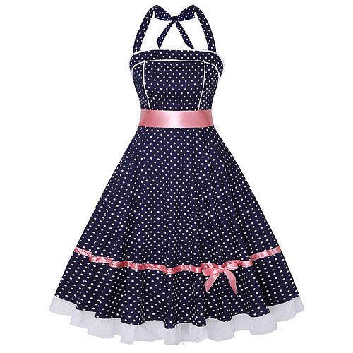 

Femme Robe Évasée Sans Manches Printemps Eté Patchwork Pois Licou Bleu poussiéreux S M L XL XXL