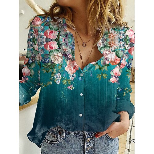 

Women's Blouse Shirt Green 3D Flower Button Print Long Sleeve Daily Weekend Basic Shirt Collar Regular Floral 3D Printed S