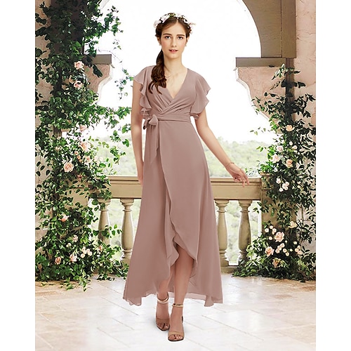 

A-Line Bridesmaid Dress V Neck Short Sleeve Elegant Asymmetrical / Ankle Length Chiffon with Sash / Ribbon / Ruffles 2022