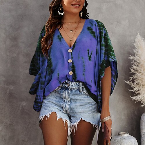 

Women's Plus Size Tops Shirt V Neck Polyester Fall Spring Purple Yellow