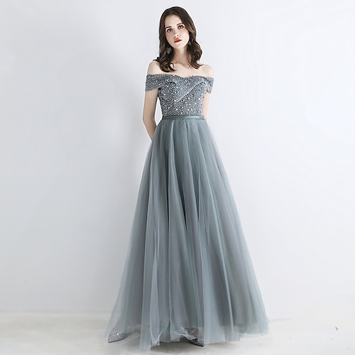 

A-Line Prom Dresses Luxurious Dress Engagement Floor Length Short Sleeve Off Shoulder Tulle with Sash / Ribbon Beading 2022