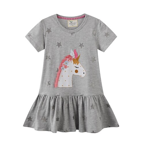 

Kids Girls' Dress Animal Knee-length Dress Print Cotton Short Sleeve Basic Dress 3-10 Years Summer Gray