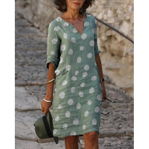 

Women's Shift Dress Midi Dress Light Green Light Blue Gray 3/4 Length Sleeve Polka Dot Print Winter Fall Autumn V Neck Loose Fit S M L XL XXL 3XL