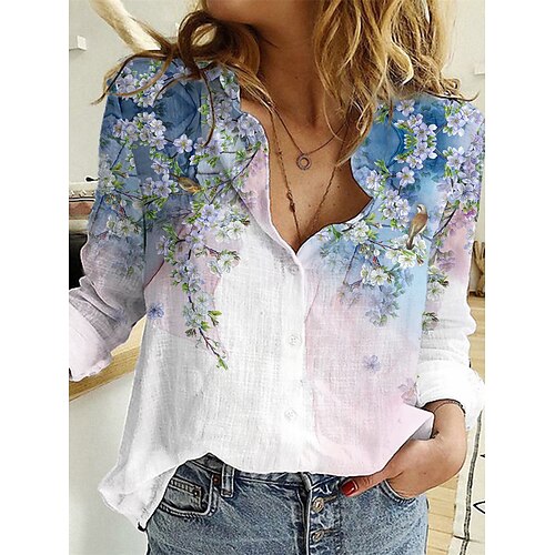 

Women's Blouse Shirt Red White Floral 3D Button Print Long Sleeve Daily Weekend Basic Casual Shirt Collar Regular Floral 3D Printed S