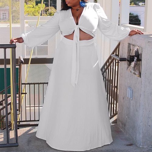 

Women's Plus Size Two Piece Dress Solid Color Deep V Long Sleeve Fall Spring Casual Sexy Maxi long Dress Causal Date Dress