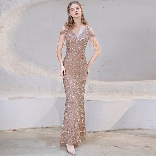 

Mermaid / Trumpet Sparkle Elegant Prom Formal Evening Dress V Neck Short Sleeve Floor Length Sequined with Beading Sequin 2022