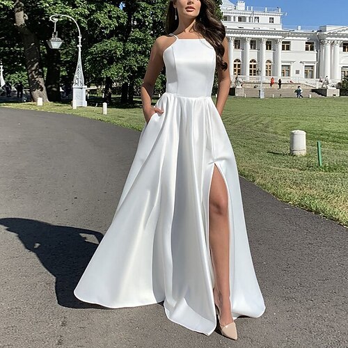 

A-Line Wedding Dresses Strapless Floor Length Satin Sleeveless Simple with Split Front 2022