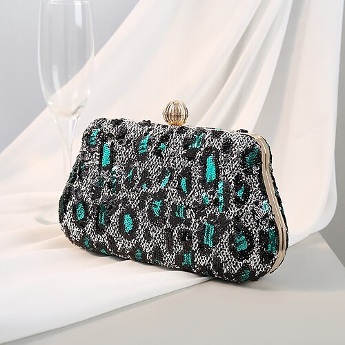 

Women's Evening Bag Chain Bag Evening Bag Polyester Sequin Chain Cheetah Print Glitter Shine Vintage Party Wedding Green Black Silver Gold