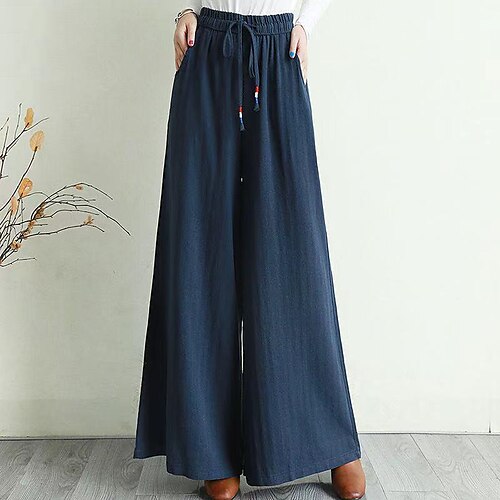 

Women's Culottes Wide Leg Slacks Pants Trousers Cotton And Linen Yellow Wine Navy Blue Mid Waist Fashion Streetwear Casual Weekend Pocket Full Length Comfort Plain M L XL XXL / Loose Fit