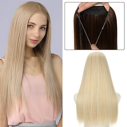 

Halo Hair Extension Long Straight Synthetic Hair Invisible Secret Wire Hidden Crown Hair Extensions One Piece Fish Line No Clips