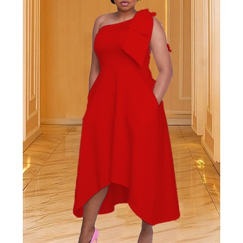 

Women's Plus Size Party Dress Solid Color One Shoulder Sleeveless Spring Summer Elegant Formal Prom Dress Midi Dress Party Wedding Dress / Homecoming Dress