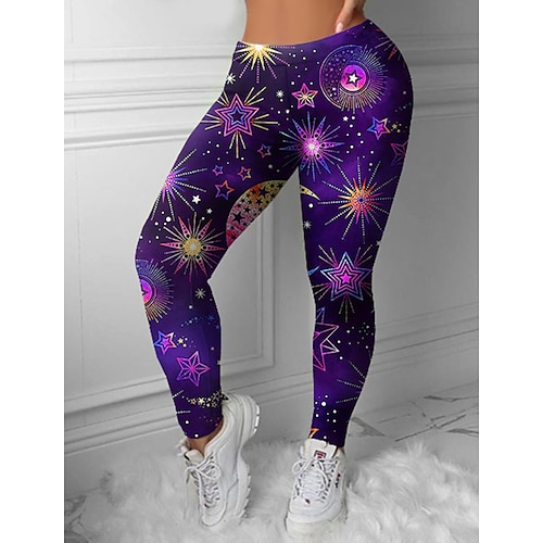 

Women's Leggings Purple Mid Waist Sports Fashion Leisure Sports Weekend Print Stretchy Ankle-Length Comfort Galaxy S M L XL XXL / Skinny