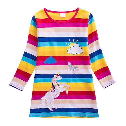 

Robe Fille Robe en Coton Enfants Petit Licorne à imprimé arc-en-ciel Licorne Motif de Noël Cadeau Noël Brodée Multicouleur 100% Coton Mi-long Manches Longues Normal Actif Princesse Robes Le Jour des