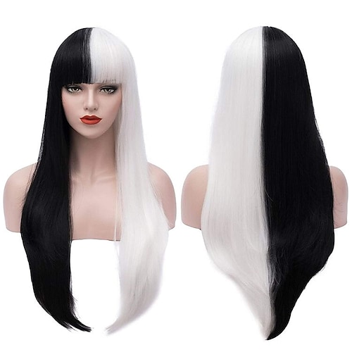 

Mersi Black White Wigs for Cruella Deville Women 26'' Long Straight Hair Wig with Bangs Synthetic Cute Wigs for Party