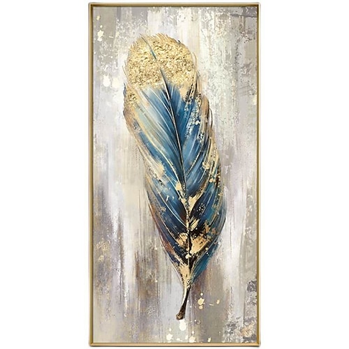 

Handmade Oil Painting Canvas Wall Art Decoration Blue and Golden Feather for Home Decor Stretched Frame Hanging Painting 6090cm/70100cm