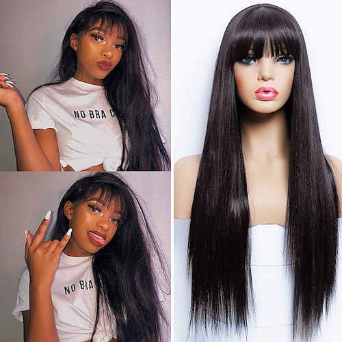 

Black Wig With Bangs Long Wigs Silk Straight Wig Synthetic Natural Black Wig Heat Resistant Fiber Hair Daily and Cosplay Clueless Full Machine Wig For Black Women 22 Inches Black Hair Wig