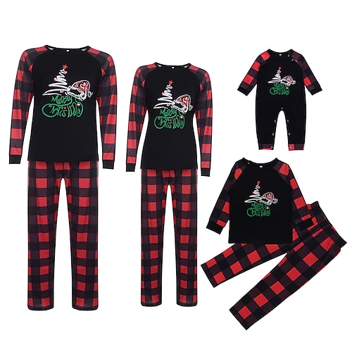 

Family Christmas Pajamas Ugly Cotton Plaid Letter Home Red Long Sleeve Mom Dad and Me Sweet Matching Outfits
