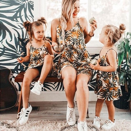

Family Look Dresses Leaf Daily Print Brown Yellow Sleeveless Above Knee Tropical Matching Outfits