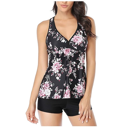 

Femme Tankini Maillot De Bain Deux Pièces Col en V Maillot de bain Floral / Botanique Maillots de Bain Blanche Noir Respirable Séchage rapide Élastique Sans Manches - Natation Surf Plongée en apnée