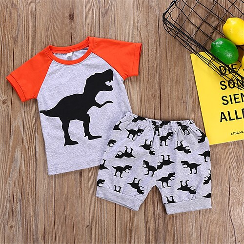 

2 Pieces Kids Boys T-shirt & Shorts ShortsSet Clothing Set Outfit Animal Short Sleeve Print Cotton Set Active Basic Summer 4-13 Years Gray