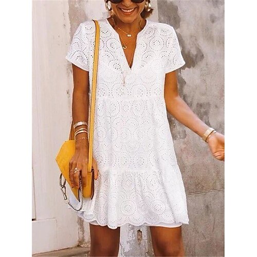 

t-shirt da donna vestito tee dress abito bianco mini abito bianco manica corta pizzo di colore puro primavera estate scollo a v casual 2023 s m l xl xxl