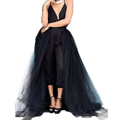 

Jumpsuits Wedding Dresses V Neck Tea Length Tulle Charmeuse Sleeveless Country Simple with 2022
