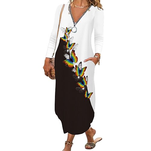 

Women's A Line Dress Maxi long Dress Green Blue White Red Yellow Long Sleeve Floral Print Butterfly Print Fall V Neck Casual 2022 S M L XL XXL 3XL