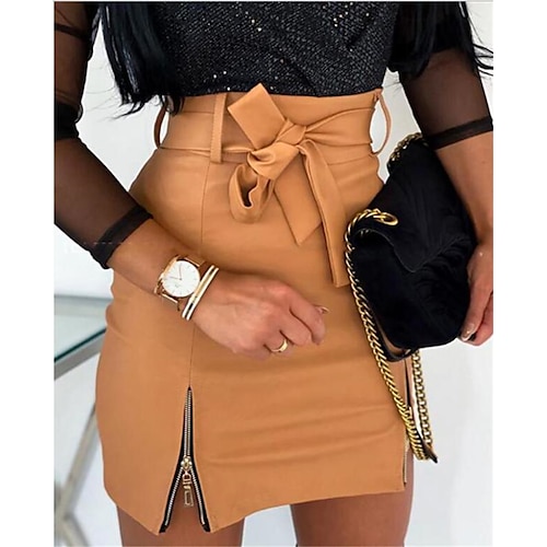 

Women's Skirt Bodycon Above Knee PU Faux Leather Khaki White Black Skirts Summer Belt Included Without Lining Streetwear Punk & Gothic Vacation Casual Daily S M L / Slim